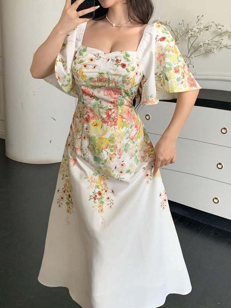 Women's Elegant Casual Ditsy Floral Square Neck Waisted Midi Dress, Suitable For Wedding, Party, Holiday,Formal Women Dresses