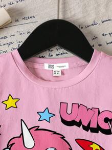 Unico X SHEIN Young Girl Pink Crew Neck Short Sleeve Casual Cartoon Cute Pony Star Print T-Shirt