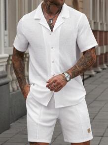 Manfinity Homme 2 pezzi/Set uomo, camicia a maniche corte bianca con texture e pantaloncini casual da estate - Bianco - Visualizzare 4