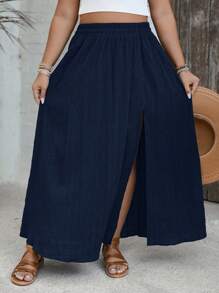SHEIN VCAY Plus Size Solid Color Elastic Waist Slit Up To Thigh Casual Vacation Skirt