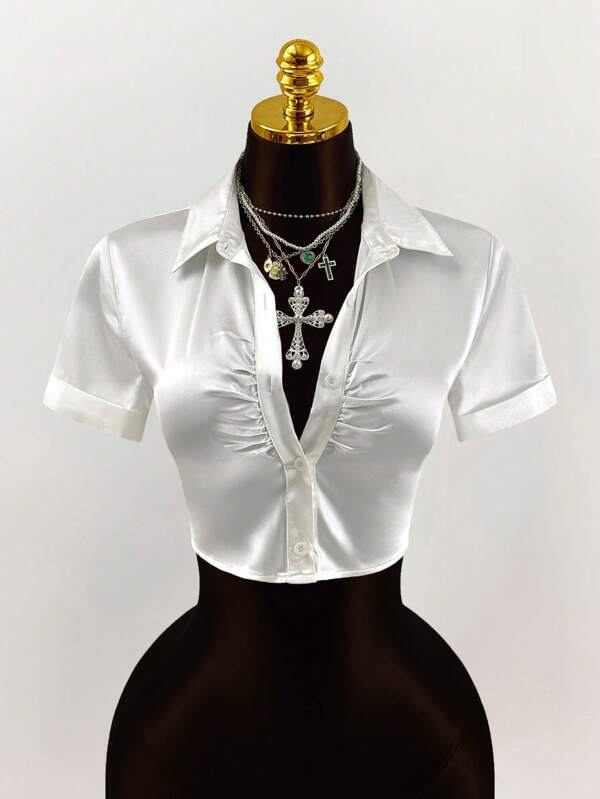 Amplova Camisa corta con cuello polo, panel de pecho plisado para mujeres, para concierto de gyaru, vacaciones de verano