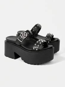 ROMWE Grunge Punk Giày Dark Rock Punk Goth dành cho nữ - Giày sandal đi biển La Mã đính đinh tán, Giày quai, Giày sandal đế dày đế xuồng - màu đen - Xem 3