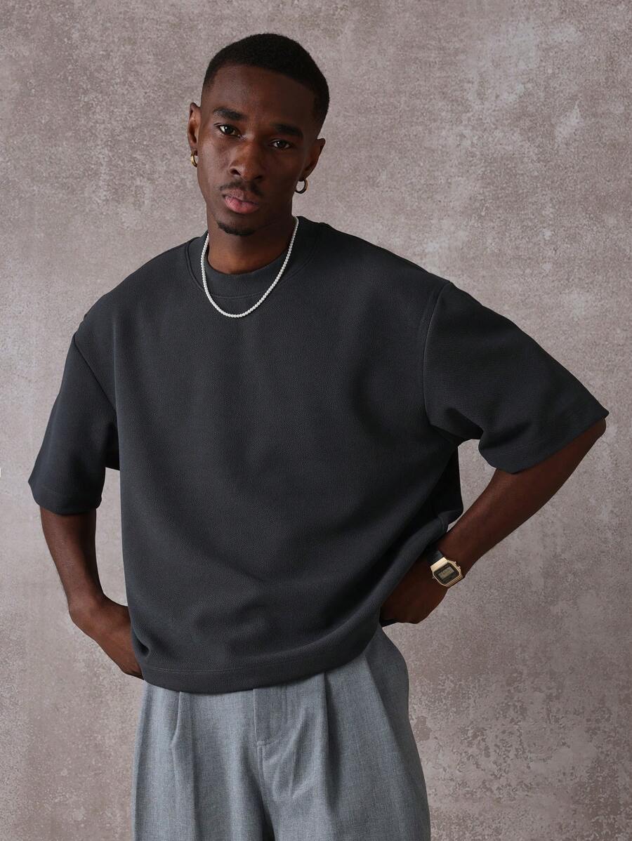 SUMWON Áo thun cổ tròn cao cấp dáng hộp thời trang đường phố đơn giản, năng động, mặc nhiều lớp, mặc vào mùa thu đông - Màu xám đen - Xem 1