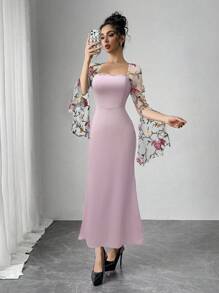 Modelyn Women's Floral Embroidered Mesh Splicing Slit Sleeve Elegant Dress - Pink - View 1