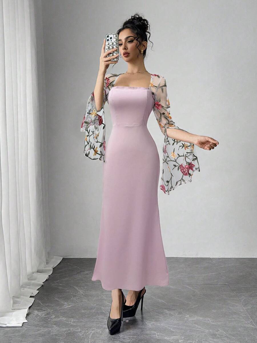 Modelyn Women's Floral Embroidered Mesh Splicing Slit Sleeve Elegant Dress - Pink - View 1