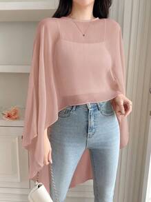 DAZY 女士雪纺衬衫，轻盈纯色套头不对称衬衫，春夏长袖