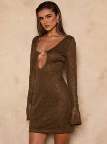 SHEIN BAE 女式镂空设计闪光长袖性感迷你连衣裙 - 棕色 - 查看 4