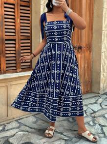 Breezaya Plus Size Asymmetrical Colorblock Geometric Striped Print Tie-Shoulder A-Line Midi Casual/Holiday Dress - Multicolor - View 3