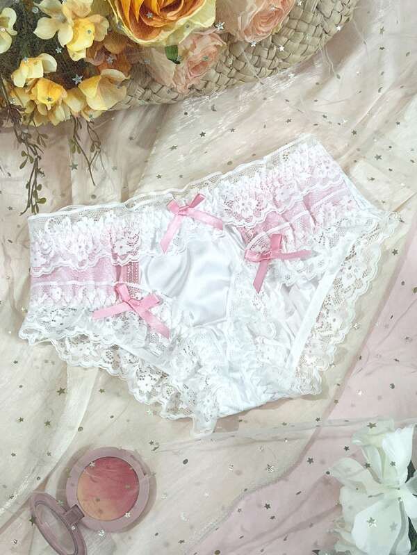 Liebevolle, süße, romantische, bequeme Satinmädchen-Bloomerhöschen mit Farbblock, Blumenspitze und Rüschenverzierung, rosa & weiß