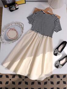 Tween Girl Casual Cute Bow Stripe Color Block Patchwork Dress, Back To School - Multicolor - View 4