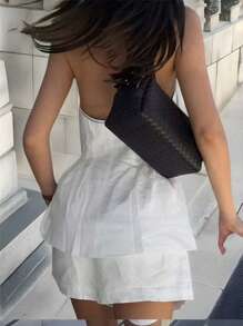 2pcs/Set Women's Summer Casual Solid Color Halter Top And Shorts Suit - White - View 2