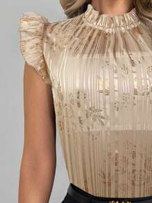 SHEIN Clasi Women's Elegant Ruched Ruffle Collar Foil Floral Print Cap Sleeve Fitted Blouse - Pink - View 7