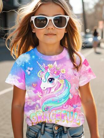 SHEIN Young Girl Casual Simple Round Neck Floral, Love, Unicorn Printed Short Sleeve T-Shirt, Suitable For Summer