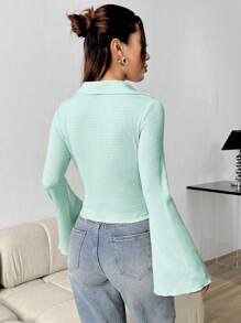 SHEIN Unity Women's Solid Color Single-Breasted Casual Flared Sleeve Blouse, Spring And Summer, Fall Clothes Women Shirt - Mint Green - View 2