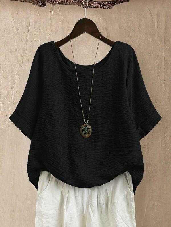 Linhara Top holgada de punto con textura negra de talla grande para mujer, cuello redondo, para uso casual/diario/salidas/minimalista/vacaciones, primavera/verano