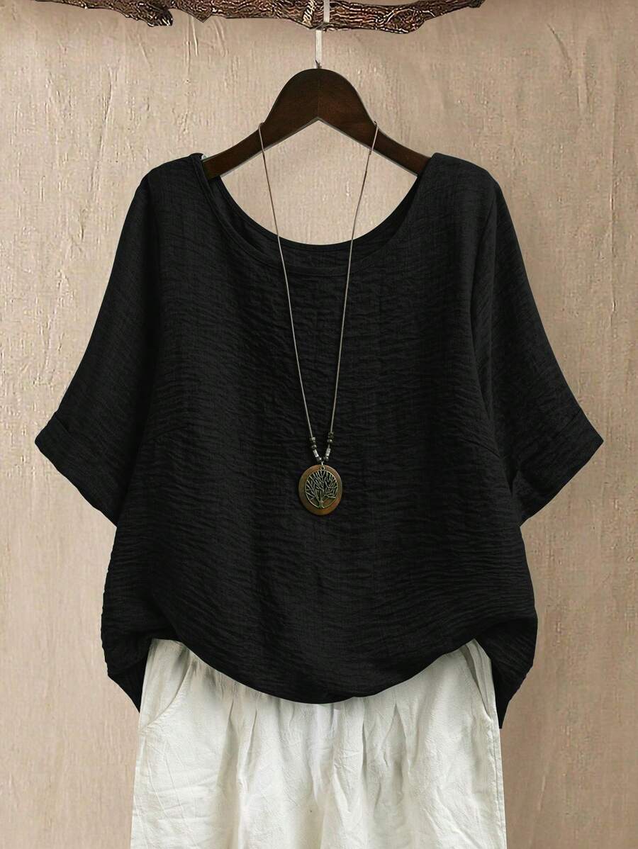 SHEIN LUNE CURVE Plus Size Women Round Neck Casual/Daily/Outing/Minimalist/Holiday Comfortable Black Textured Pullover Top, Spring/Summer - Black - View 1