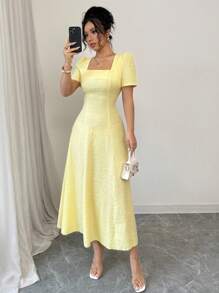 Rafferiza 优雅时尚的方领收腰 A 字中长连衣裙，纹理泡泡面料，无弹性，黄色，适合日常穿着、正式活动、春夏季 - 黃色 - 查看 7