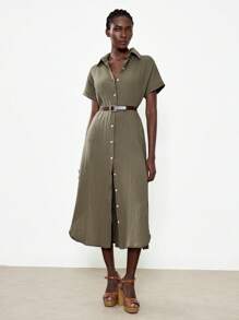 Chiquease Abito camicia maxi semplice e confortevole con spacco laterale da donna - Verde Oliva - Visualizzare 3