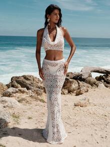 Opulessa 2pcs/Set Women Halter Solid Top And Skirt Set,Summer Outfits For Women,Vacation Outfits Women,Sexy,Sexy Outfits For Women,Summer,Summer Outfits For Women,Vacation Outfits Women,Sexy Outfits For Women, - White - View 2