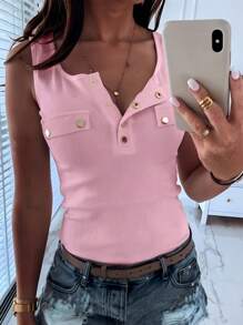 SHEIN SXY Áo ba lỗ không tay cài nút kim loại đơn giản màu hồng ôm vừa vặn - Hồng - Xem 3