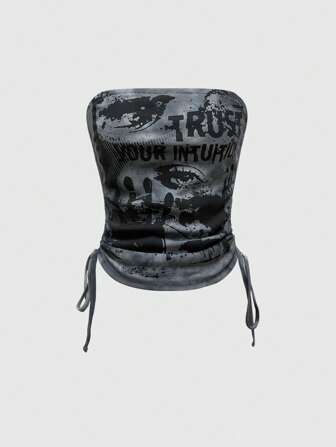 Grunge Punk Sexy Streetwear Punk Stil tiefer Ausschnitt batikt Palmen Muster Spruch Auge zerrissenes kurzes Trägertop für Frauen