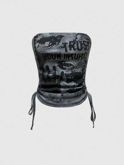 Grunge Punk Top canottiera corto in stile punk streetwear sexy con stampa palme tie-dye, slogan e occhio stropicciato, scollo basso, per donne