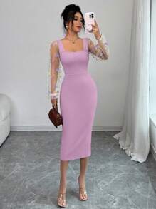 Elenzga Elegantes Bodycon-Kleid mit quadratischem Ausschnitt, floraler Stickerei und transparenten Ärmeln, schlanke Passform, Frühlings-/Sommerstil im französischen Look - Violett - Übersicht 4