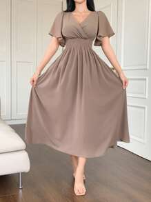 DAZY Women's Solid Color V-Neck Cinched Waist Ruffle Sleeve Elegant Dress, Summer