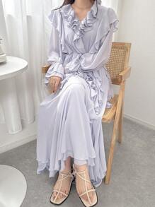 FRIFUL Women's Multi-Layered Ruffle Hem Splice Long Sleeve Flared Sleeve Loose A-Line Sweet Spring/Fall Dress, Suitable For Outdoor/Fall Wear