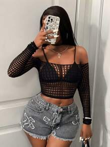 BamGleam Women's Solid Color Off-Shoulder Long Sleeve Fitted Sexy Hollow Out Mesh Top Fall Cloth For Women