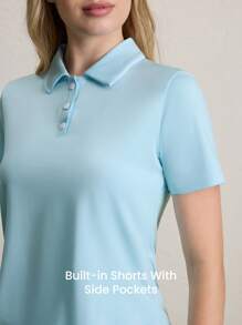 CourtClass 女士纯色短袖 Polo 衫，简约休闲运动装，适合日常穿着 - 藍色 - 查看 5