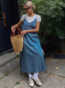 Livesso 女士休闲宽松牛仔吊带裙，春夏度假款 - 藍色 - 查看 6