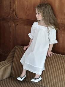 Hapijoa 年轻女孩纯色方领短袖休闲连衣裙家居服，女孩夏季服装 - 白色 - 查看 7