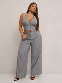 SHEIN SXY Conjunto de 2 piezas elegante y sexy para mujer talla grande para primavera y verano: Top de tirantes ajustado gris + Pantalones rectos de doble botonadura con cintura ancha a juego, apropiado para uso diario