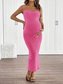SHEIN Vestido de tirantes de unicolor para maternidad - Rosa Fucsia - Ver 3
