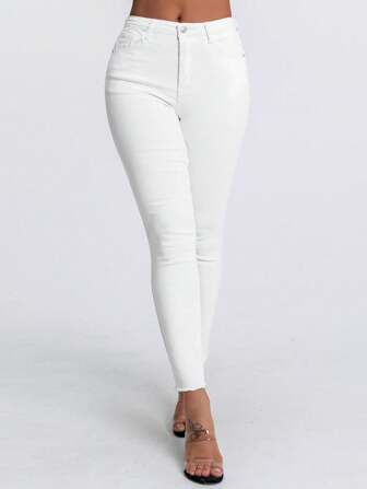 SHEIN Essnce Slim Fit Jeans Hose in Unifarbe mit Tasche und ausgefranstem Saum, modischer Lässig-Stil