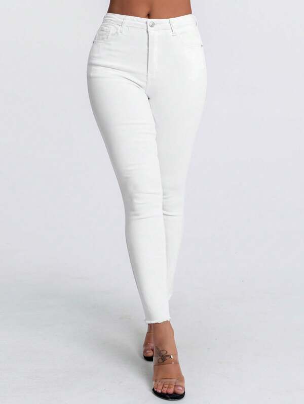 SHEIN Essnce Solid Color Slim Fit Pocket Frayed Hem Fashionable Casual Jeans Pants