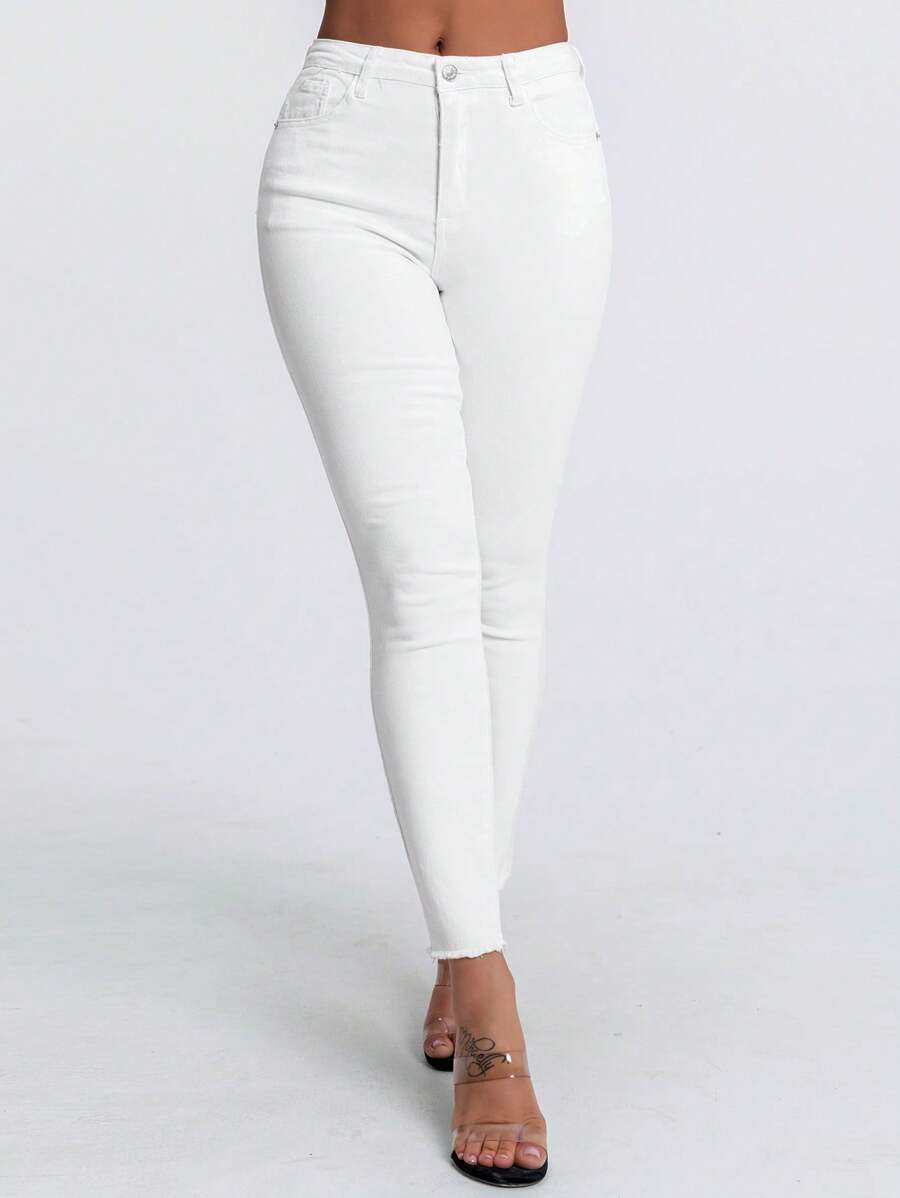 EMERY ROSE Plus Size Women High Waist Pockets Skinny Casual Versatile White Jeans Denim Pants - White - View 1