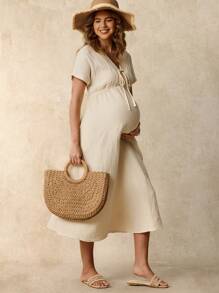 SHEIN Maternity Casual Solid Color Textured Front Tie Midi Dress, Summer Boho - Apricot - View 3