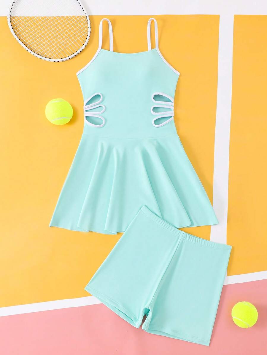 SHEIN Bộ đồ bơi tankini khoét lỗ đen trắng cho bé gái tuổi teen, váy bơi dài vừa phải và quần bơi 2 món - Nhiều màu - Xem 1