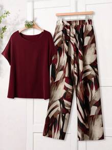 Rusticease Women Solid Color Round Neck Short Sleeve Top And Flower Print Wide Leg Pants Set For Summer Two Pieces Outfits Linen Cute Summer Top - Red - View 1