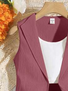 Tween Girls Sleeveless Jacket With Bowknot Belt And Shorts, Casual Fashionable Outfit, Daily Wear (2 Sets Are Sold Separately) - Rose Red - View 5