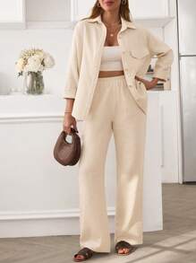 EURMUSE WOMEN MUSLIN TEXTURED GOLD BUTTON DETAILED TWO PIECES OUTFIT WITH POCKET - White - View 3