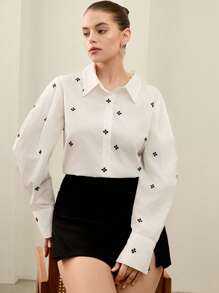 Femmeiva French Vintage Elegant Black And White Floral Embroidery Blouse For Women,Autumn Smart Casual Everyday Slim Fit Plus Size Turndown Collar Button Down - White - View 5