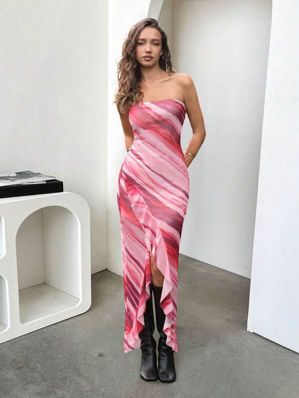 Chiquease Women's Mesh Stripe Watercolor Printed Bandeau Bodycon Dress With Ruffled Slit, Casual Vacation Daily Wear Tea Date Street Style Midi Dress
