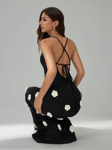 SHEIN Tall Đầm Maxi Ôm Sát Họa Tiết Hoa 3D Cho Nữ - màu đen - Xem 2