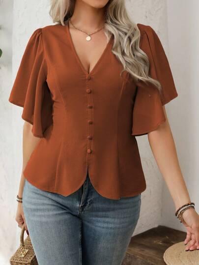 Vionelle Blusa de manga corta con escote en V, decoración de botones, cintura ceñida y bajo acampanado, estilo elegante francés, para mujer de talla grande, uso casual, de oficina o vacaciones