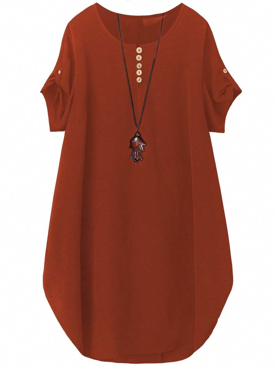 EMERY ROSE Plus Size Women Round Neck Short Sleeve Casual Comfortable Designed Shift Dress, Suitable For Daily Commute - Bronze - View 1