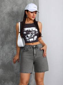 SHEIN Tall Women's Casual Black Denim Shorts: Zipper Detail High-Waisted Short Jeans For Summer - Black - View 6