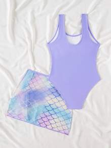 Tween Girls Vacation Style Green Tropical Plant Print Mesh Ruffled Trim Swimsuit With Skirt Young Girl Summer Outfits Young Girls Sets Summer Bathing Suits 1pc For Teens Swimming Suits For Teens One Piece Bathing Suit For Teens - Purple - View 2